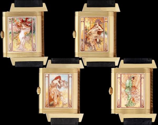 Lot 255: set of four enamelled Jaeger-LeCoultre Reverso ''Mucha’s Four Seasons'', limited edition from 1996; est. CHF 60,000-80,000 © Antiquorum